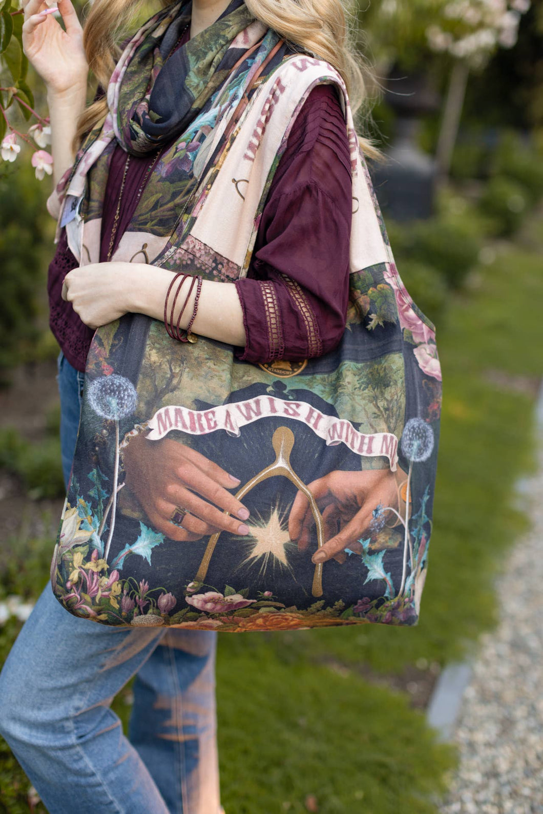 Make a Wish Floral Boho Linen Tote Bag w/ Wishbone Dandelion