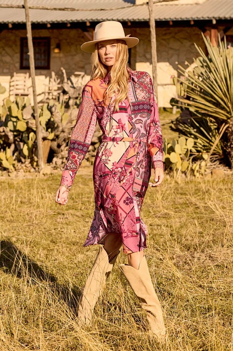 pink paisley shirt dress  100% Cotton Printed Shirt Dress  This beautiful 100% cotton dress  features a soft pink base with delicate white paisley and floral prints,  giving it a fresh, feminine look. Designed in